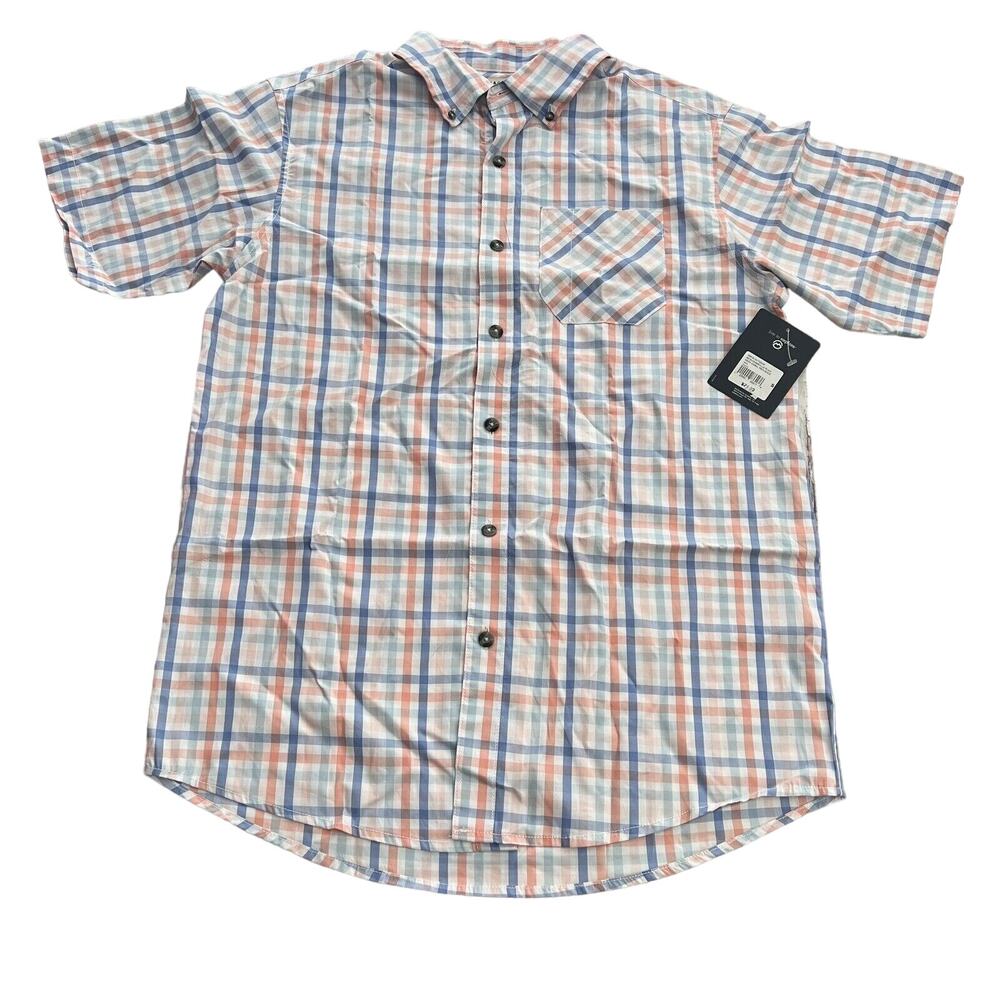 Magellan men's outdoor Short sleeve summerville plaid neon coral provence Sz S
